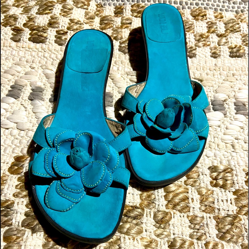 Turquoise Leather with  Floral Design Heeled Sandal, Kester Slides by Vaneli